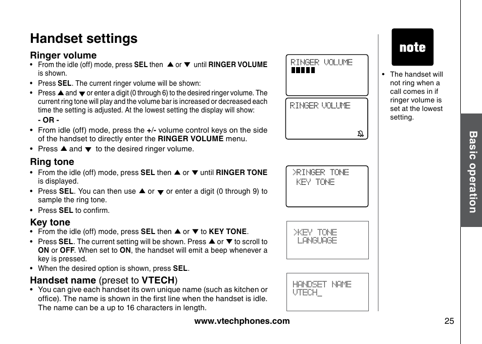 Handset settings, Bas ic o pe ra tio n | VTech I6725 User Manual | Page 25 / 44