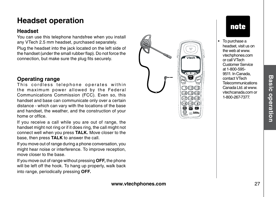 Headset operation, Bas ic o pe ra tio n | VTech I6725 User Manual | Page 27 / 44