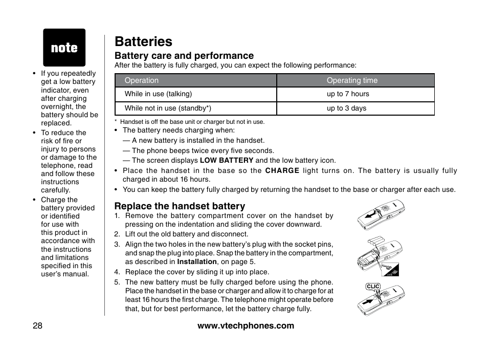 Batteries, Battery care and performance, Replace the handset battery | VTech I6725 User Manual | Page 28 / 44