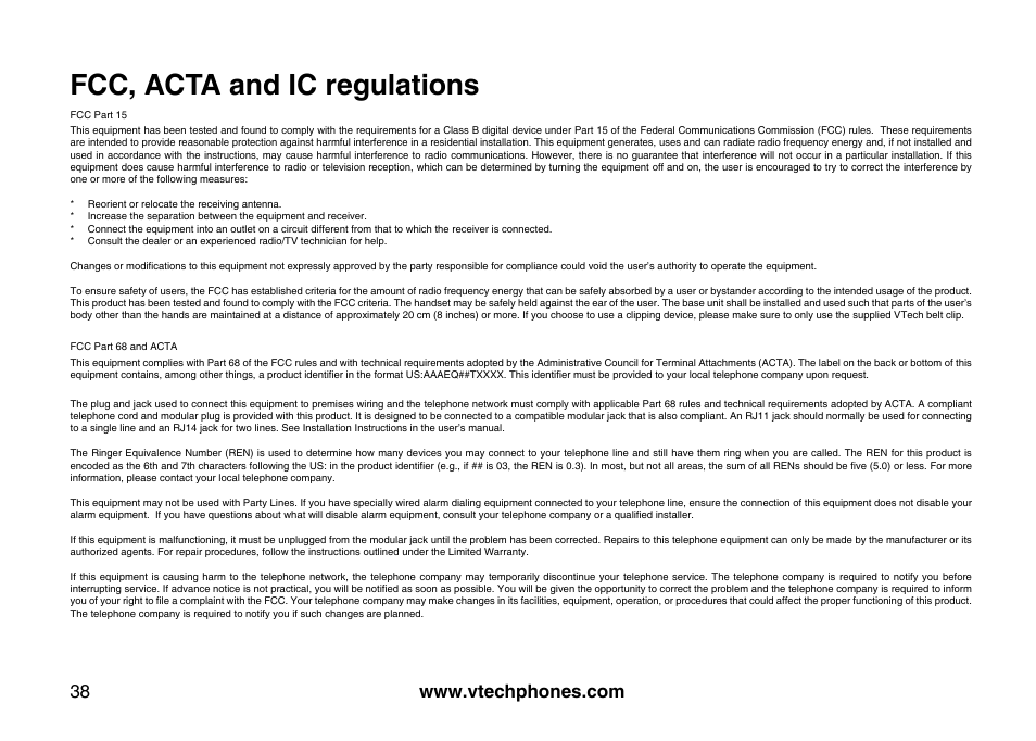Fcc, acta and ic regulations | VTech I6725 User Manual | Page 38 / 44