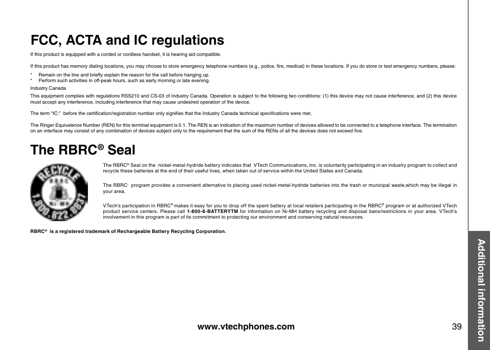 Fcc, acta and ic regulations, The rbrc, Seal | Additional information | VTech I6725 User Manual | Page 39 / 44