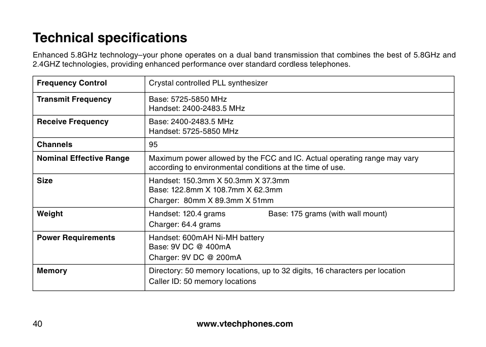 Technical specifications | VTech I6725 User Manual | Page 40 / 44