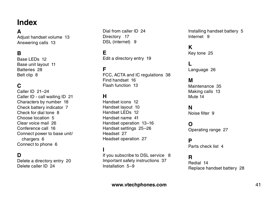 Index | VTech I6725 User Manual | Page 41 / 44