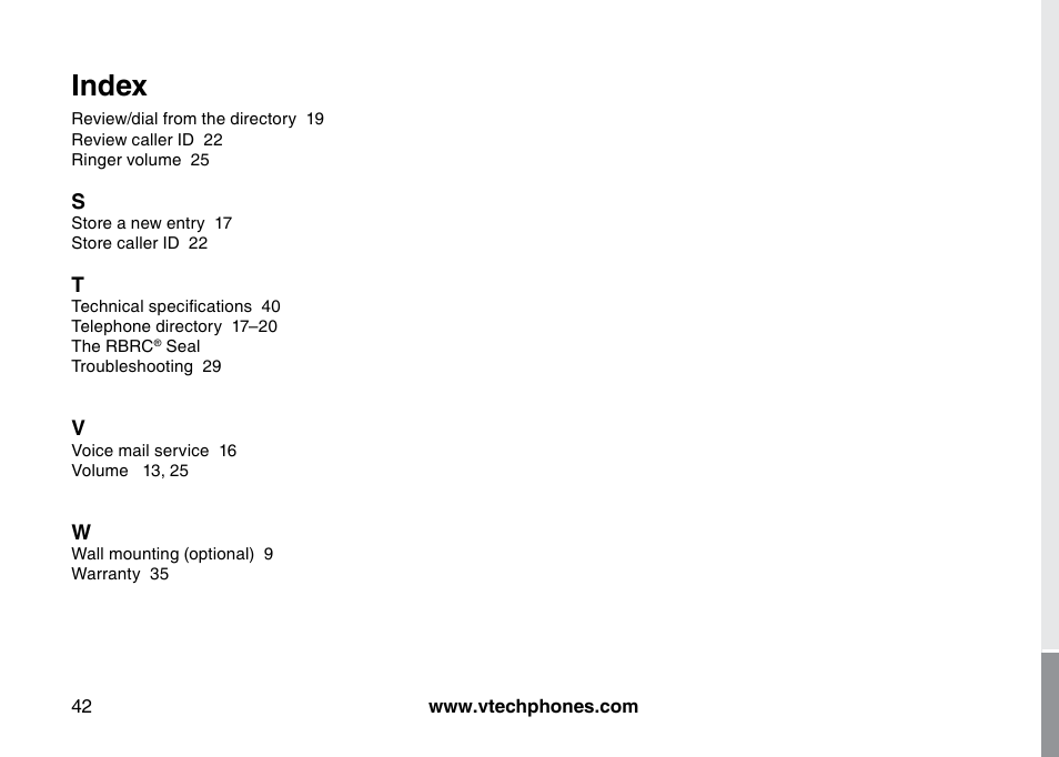 Index | VTech I6725 User Manual | Page 42 / 44