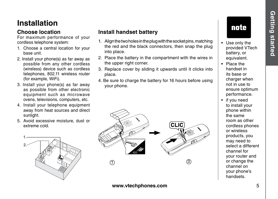 Installation, Gett in g s ta rte d | VTech I6725 User Manual | Page 5 / 44