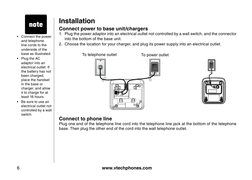 Installation, Connect power to base unit/chargers, Connect to phone line | VTech I6725 User Manual | Page 6 / 44