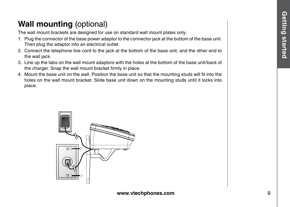 Wall mounting (optional) | VTech I6725 User Manual | Page 9 / 44
