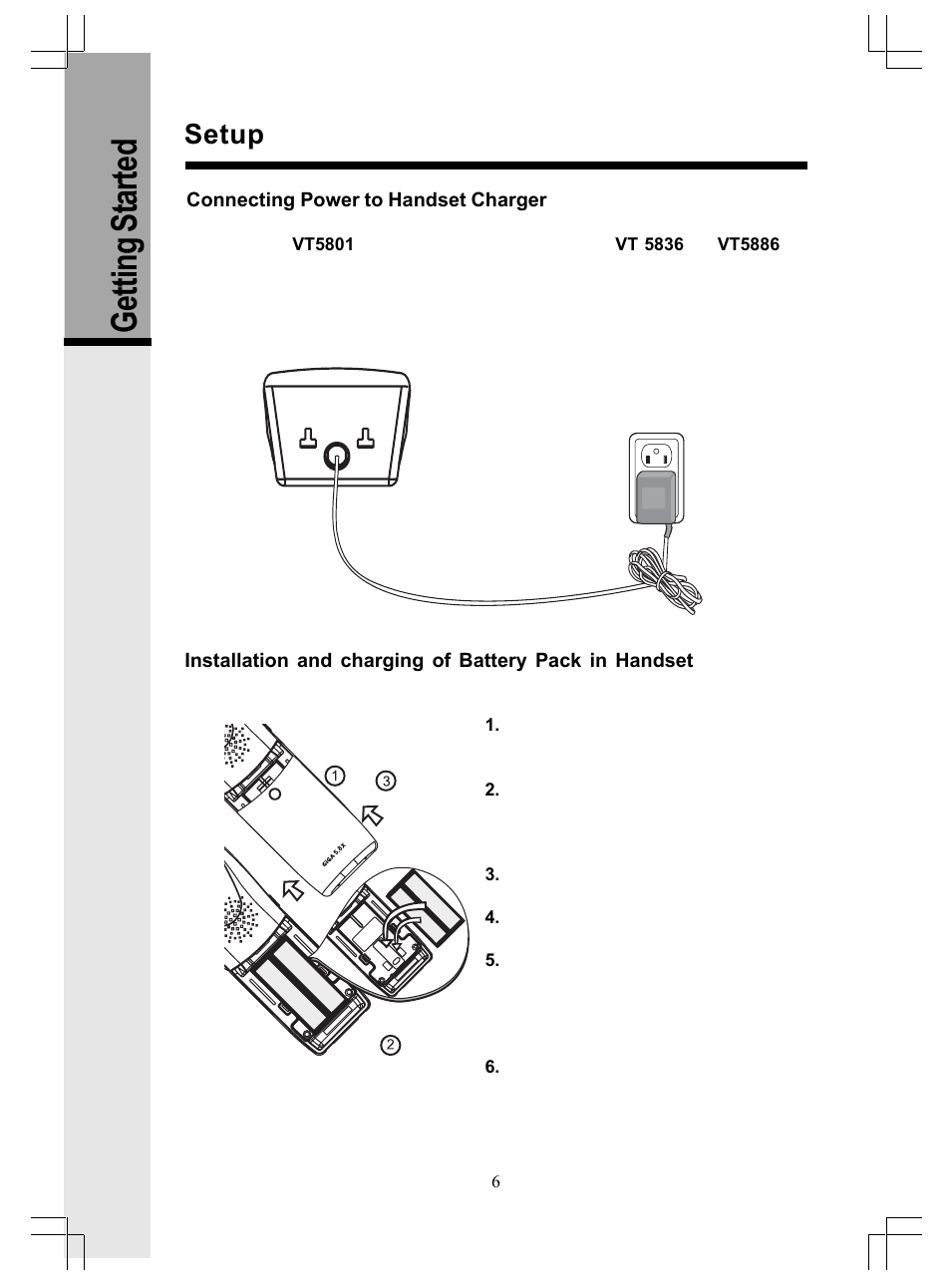 Getting s tarted, Setup | VTech GiGA5.8x VT5886 User Manual | Page 6 / 33