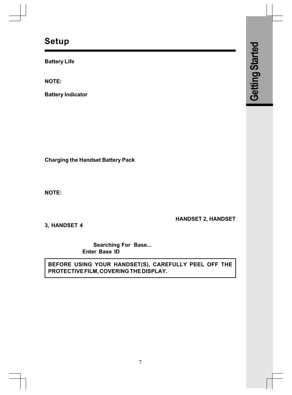 Getting s tarted, Setup | VTech GiGA5.8x VT5886 User Manual | Page 7 / 33