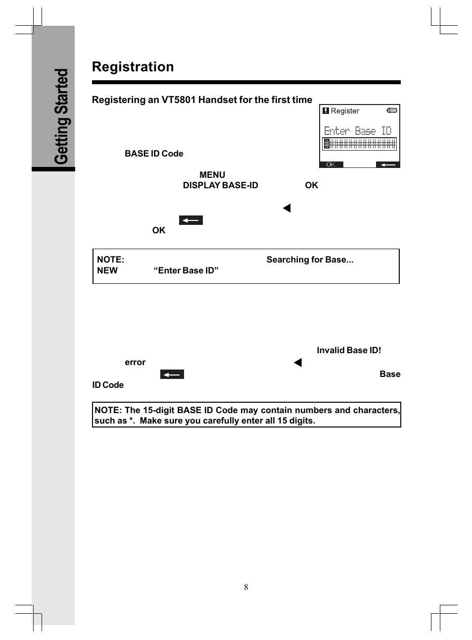 Getting s tarted, Registration | VTech GiGA5.8x VT5886 User Manual | Page 8 / 33