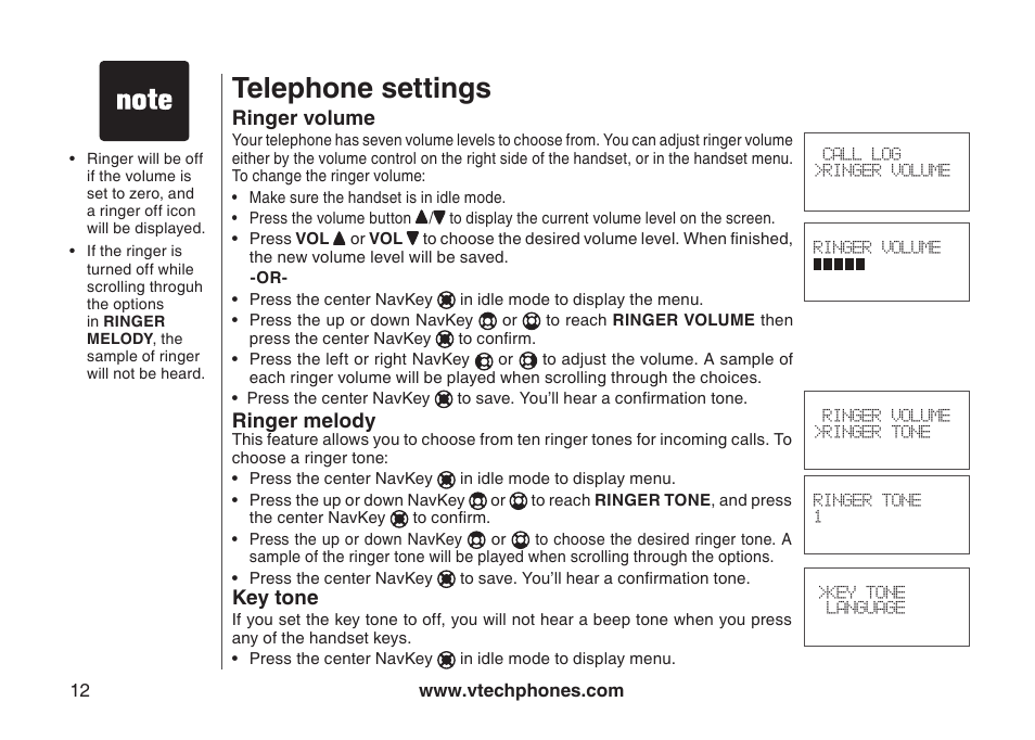 Ringer volume, Ringer melody, Telephone settings | VTech I6778 User Manual | Page 15 / 61