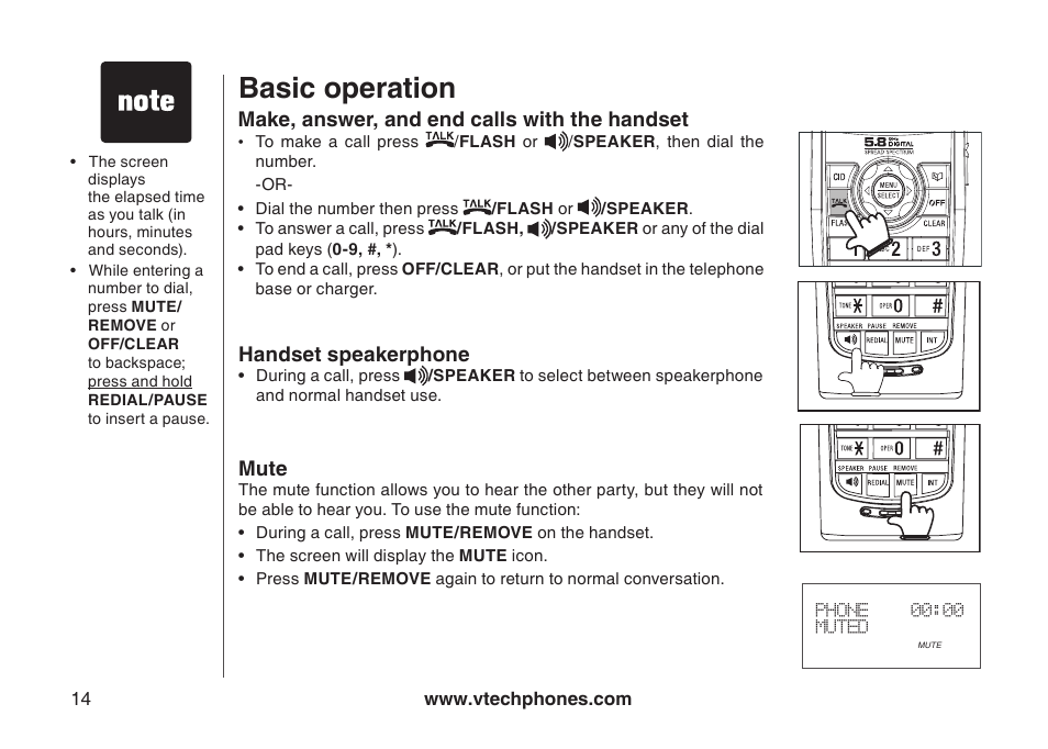 Basic operation, Make, answer, and end calls with the handset, Handset speakerphone | Mute | VTech I6778 User Manual | Page 17 / 61