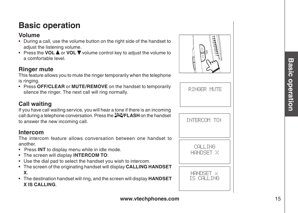 Volume, Ringer mute, Call waiting | Intercom, Basic operation | VTech I6778 User Manual | Page 18 / 61