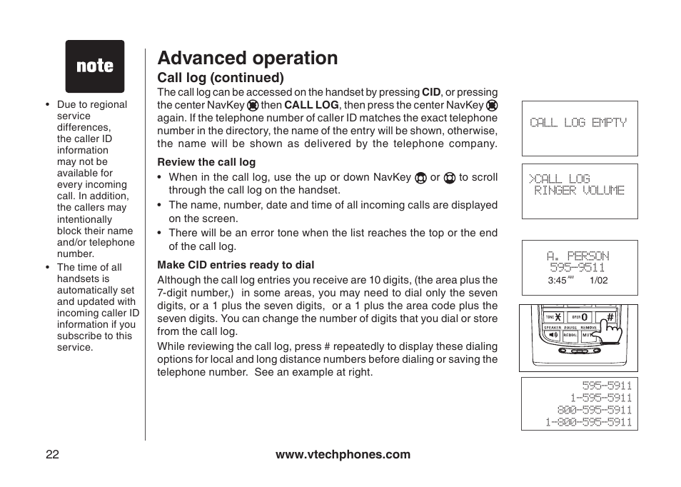 Review the call log, Dial a call log entry, Advanced operation | Call log (continued) | VTech I6778 User Manual | Page 25 / 61