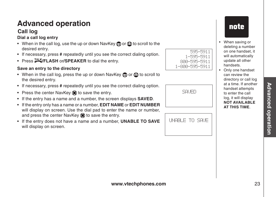 Save an entry to the directory, Advanced operation, Call log | VTech I6778 User Manual | Page 26 / 61