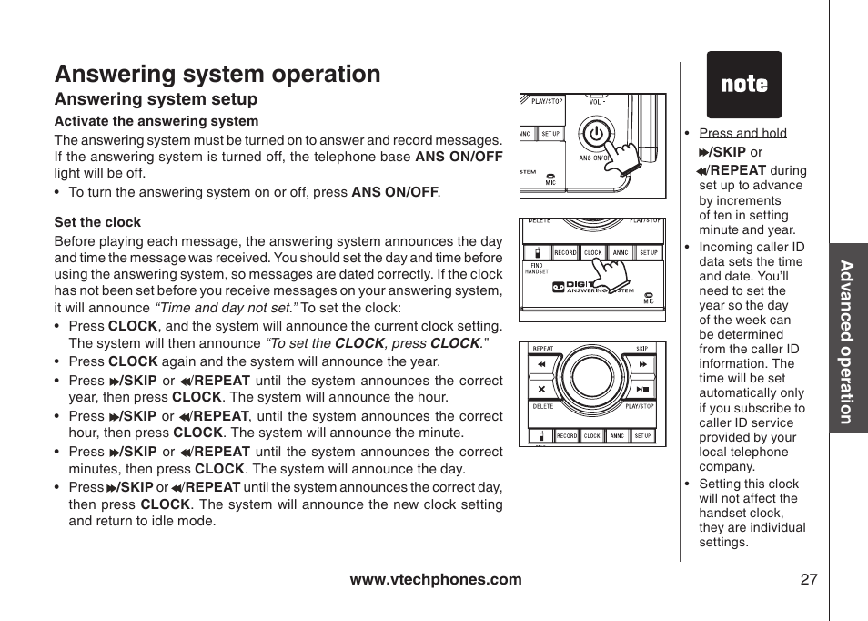 Answering system setup, Activate the answering system, Set the clock | Answering system operation | VTech I6778 User Manual | Page 30 / 61