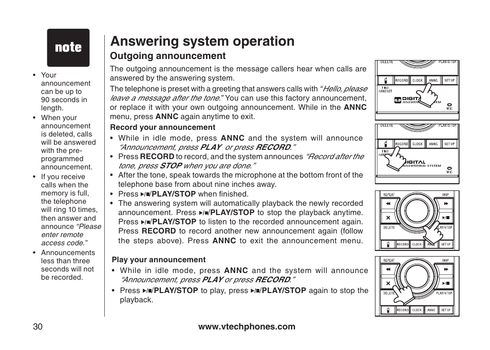 Outgoing announcement, Record your announcement, Play your announcement | Delete your announcement, Answering system operation | VTech I6778 User Manual | Page 33 / 61