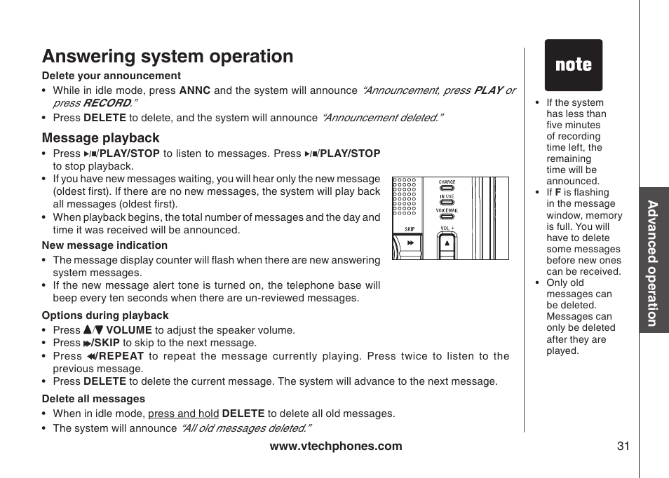 Message playback, New message indication, Options during playback | Delete all messages, Answering system operation | VTech I6778 User Manual | Page 34 / 61