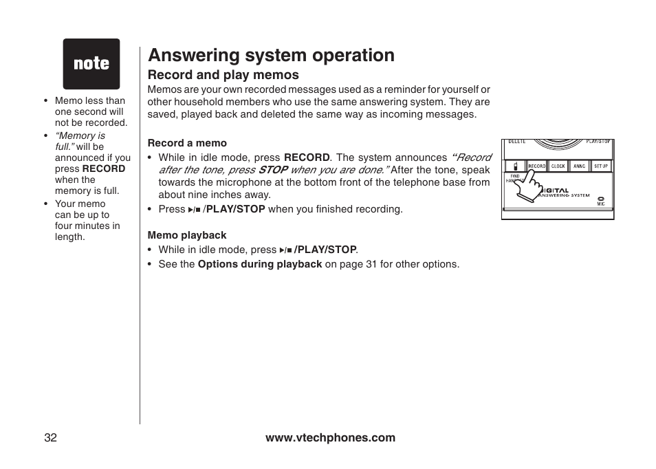 Record and play memos, Record a memo, Memo playback | Answering system operation | VTech I6778 User Manual | Page 35 / 61