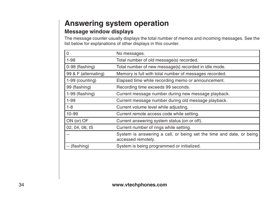 Message window displays, Answering system operation | VTech I6778 User Manual | Page 37 / 61