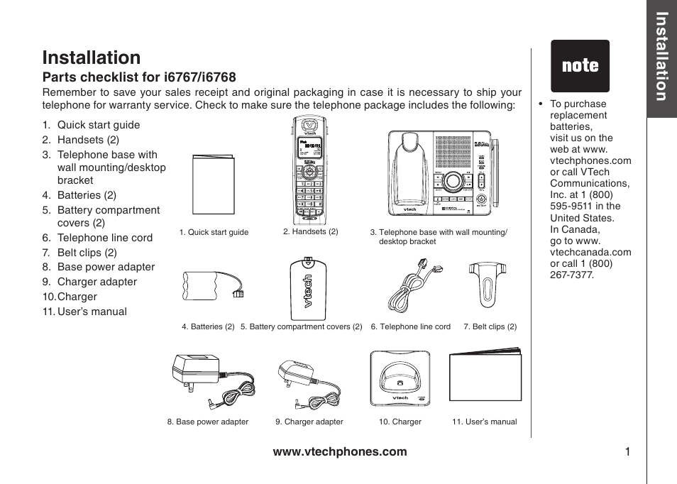 Installation, Parts checklist for i6767/i6768, Bas ic o pe ra tio n | VTech I6778 User Manual | Page 4 / 61