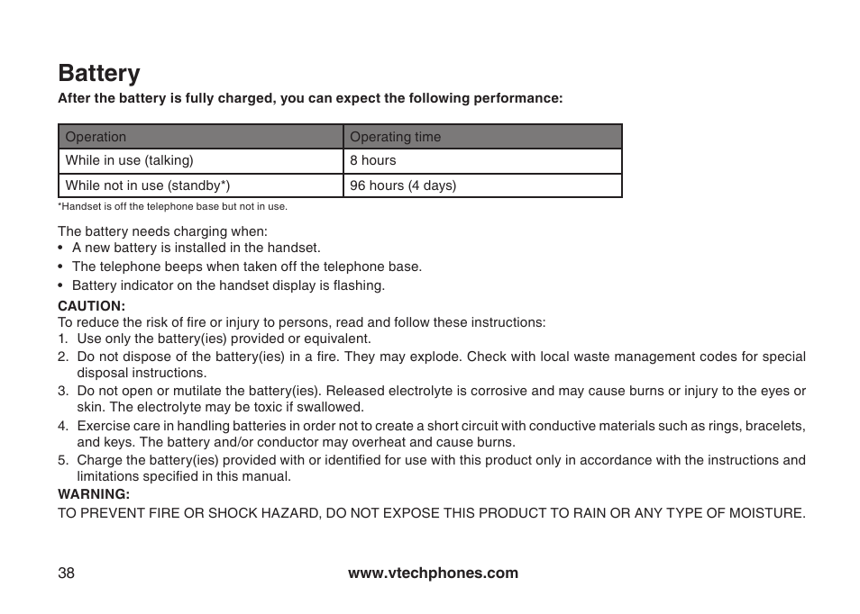 Battery | VTech I6778 User Manual | Page 41 / 61