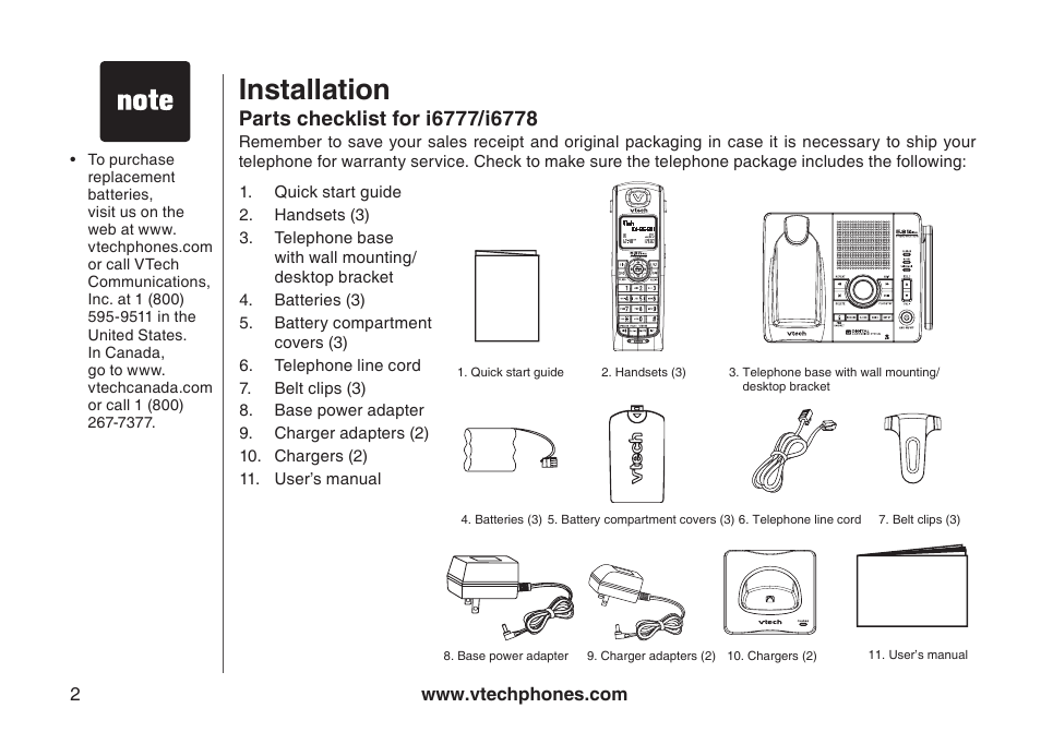 Parts checklist for i6777/i6778, Installation | VTech I6778 User Manual | Page 5 / 61