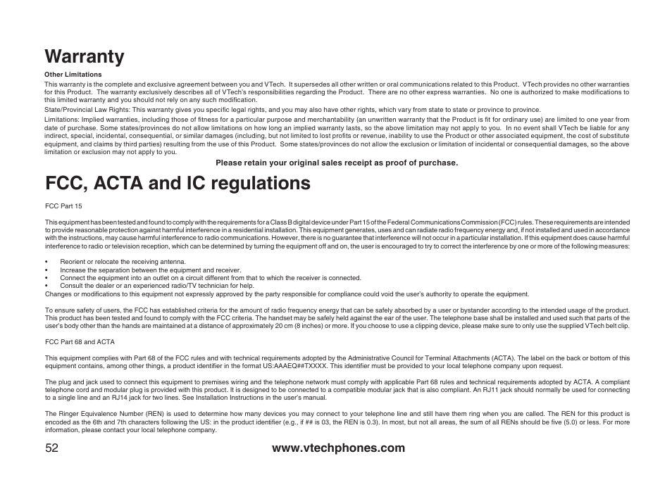 Fcc, acta and ic regulations, Warranty | VTech I6778 User Manual | Page 55 / 61