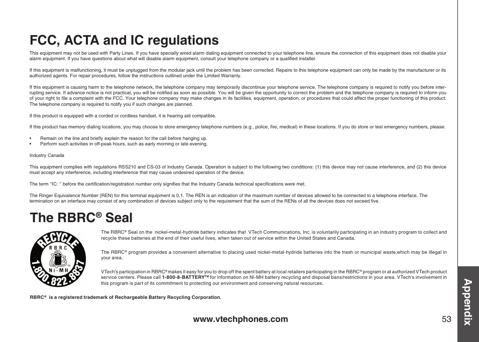 Fcc, acta and ic regulations, The rbrc, Seal | Appendix | VTech I6778 User Manual | Page 56 / 61