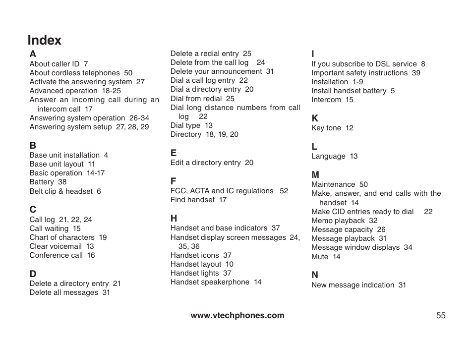 Index | VTech I6778 User Manual | Page 58 / 61