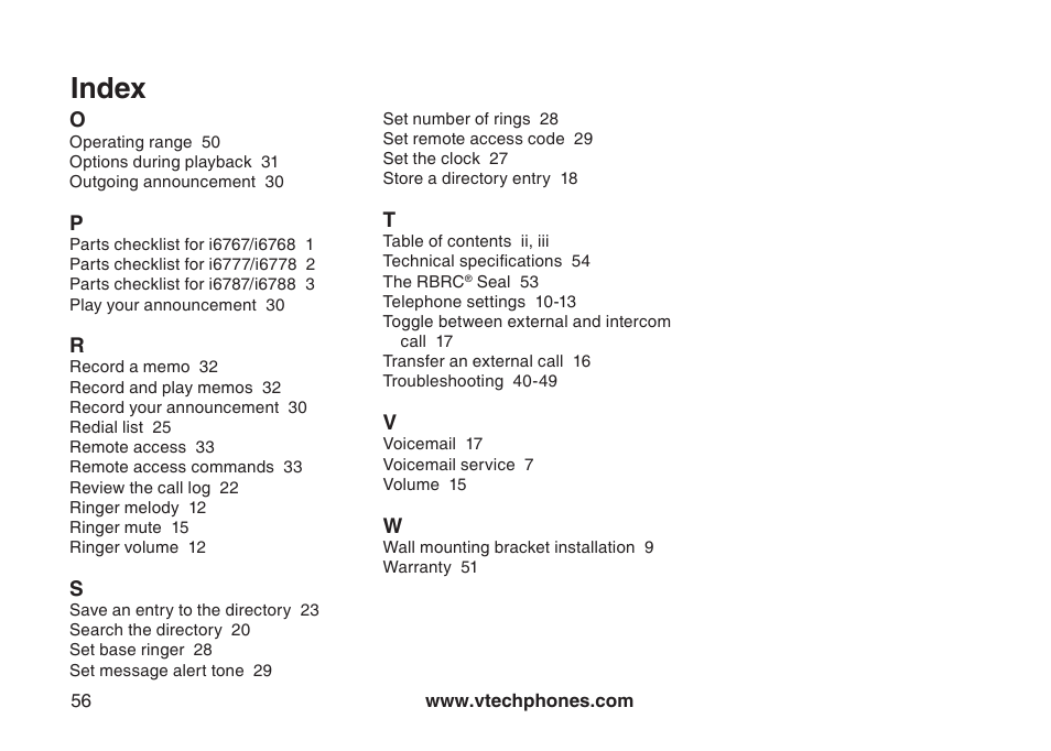 Index | VTech I6778 User Manual | Page 59 / 61