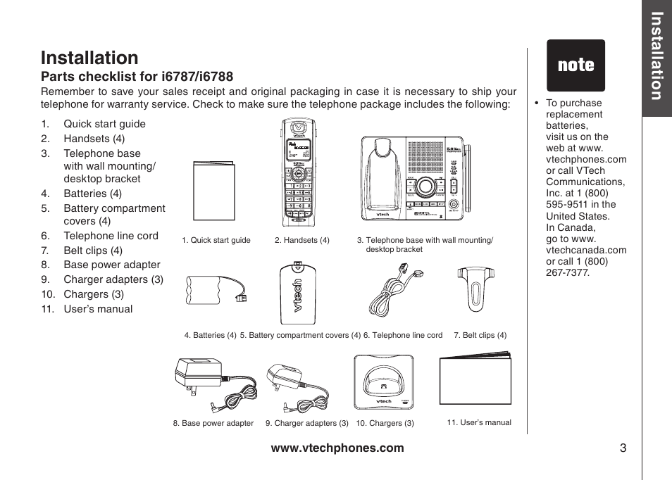 Parts checklist for i6787/i6788, Installation, Bas ic o pe ra tio n | VTech I6778 User Manual | Page 6 / 61
