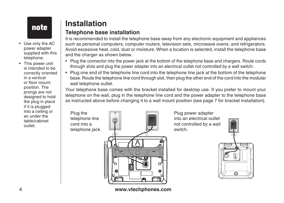 Telephone base installation, Installation | VTech I6778 User Manual | Page 7 / 61