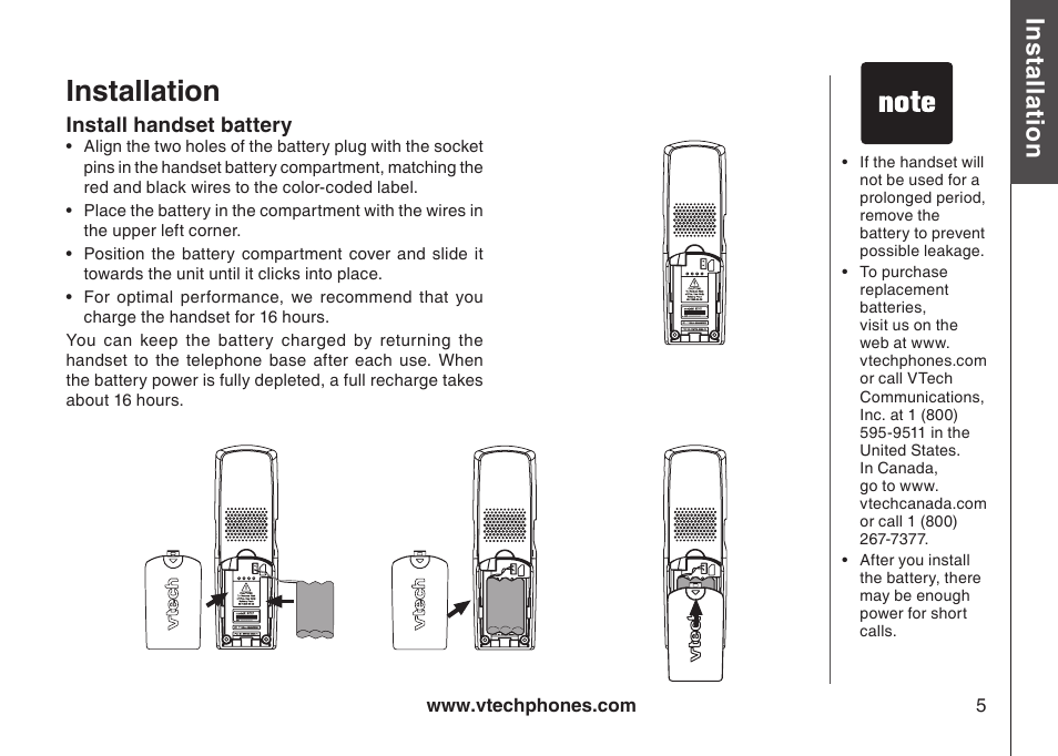 Install handset battery, Installation, Bas ic o pe ra tio n | VTech I6778 User Manual | Page 8 / 61