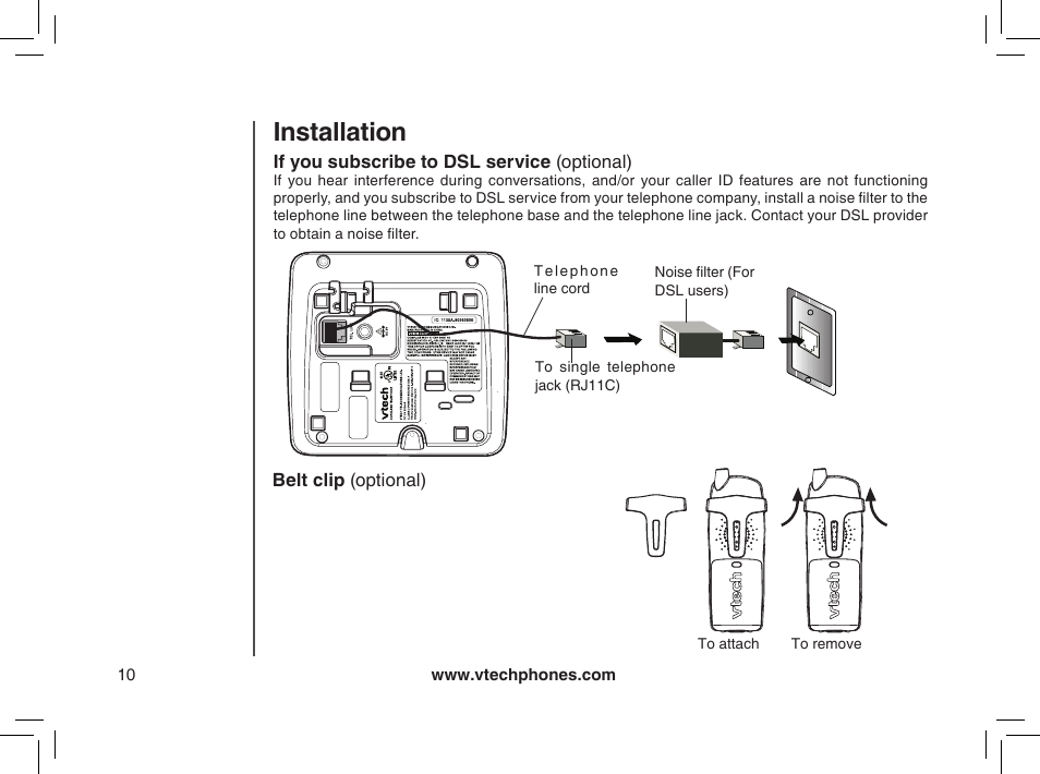 If you subscribe to dsl service (optional), Belt clip (optional), Installation | VTech MI6895 User Manual | Page 10 / 63