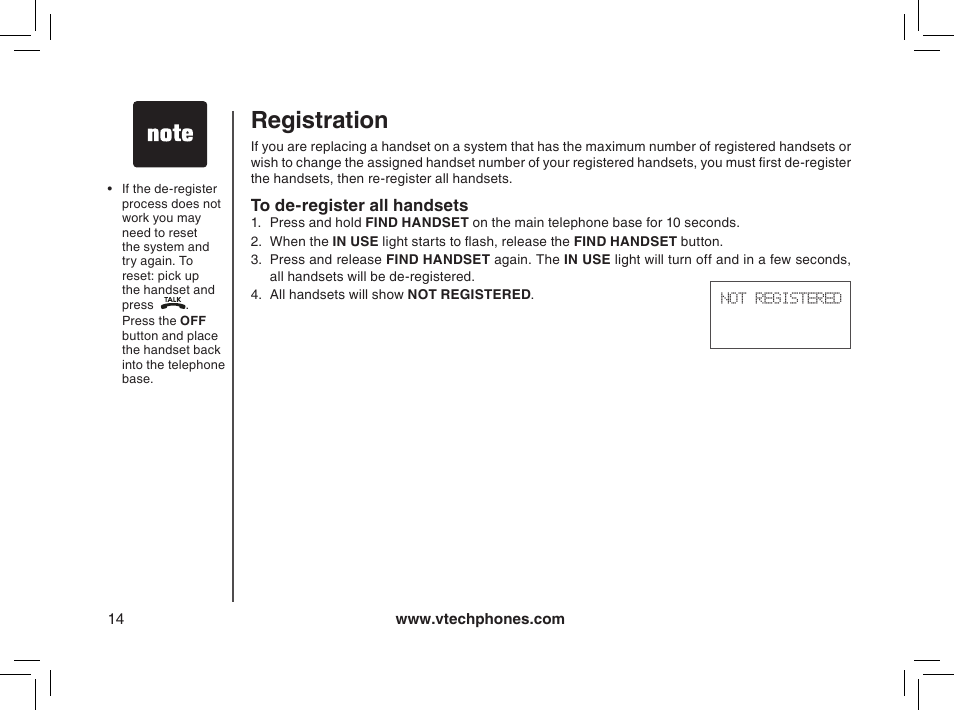 To de-register all handsets, Registration | VTech MI6895 User Manual | Page 14 / 63