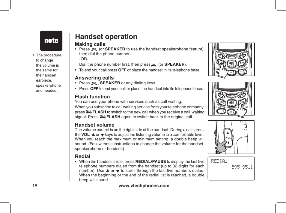 Handset operation, Making calls, Answering calls | Flash function, Handset volume, Redial | VTech MI6895 User Manual | Page 18 / 63