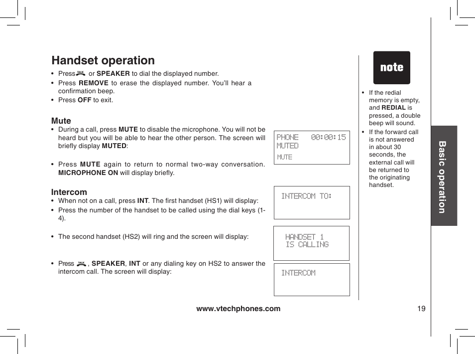 Mute, Intercom, Handset operation | Bas ic o pe ra tio n | VTech MI6895 User Manual | Page 19 / 63