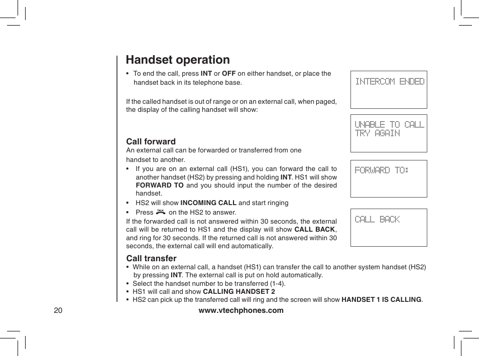 Call forward, Handset operation | VTech MI6895 User Manual | Page 20 / 63