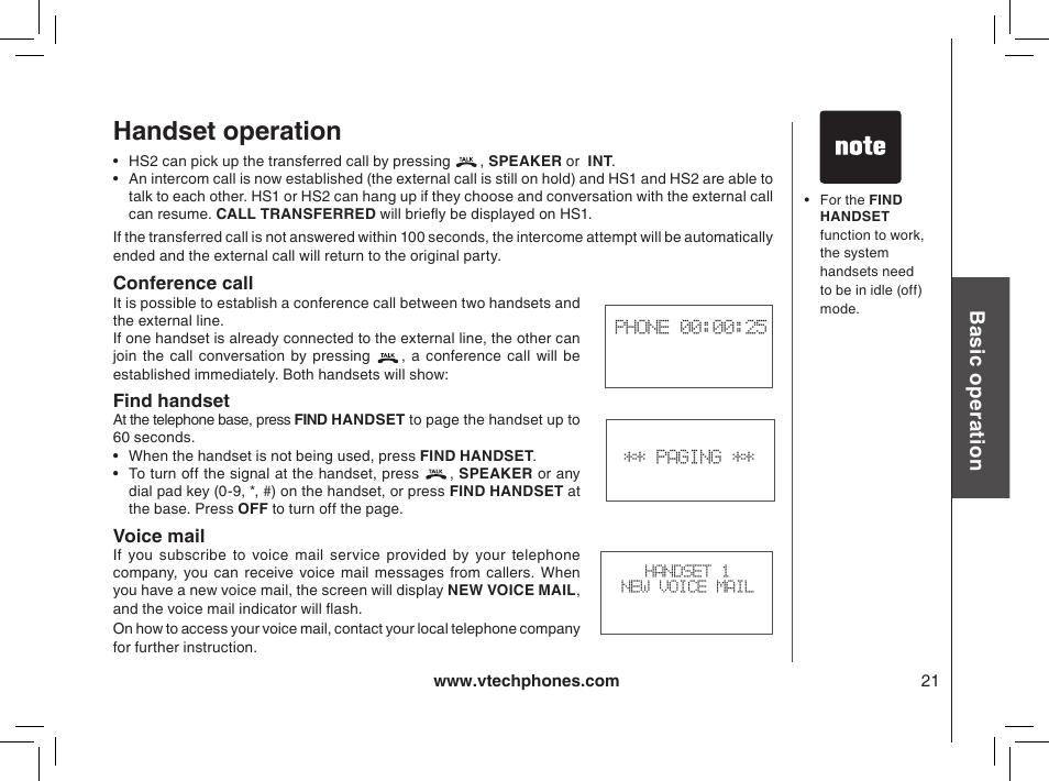 Call transfer, Conference call, Find handset | Handset operation, Bas ic o pe ra tio n | VTech MI6895 User Manual | Page 21 / 63