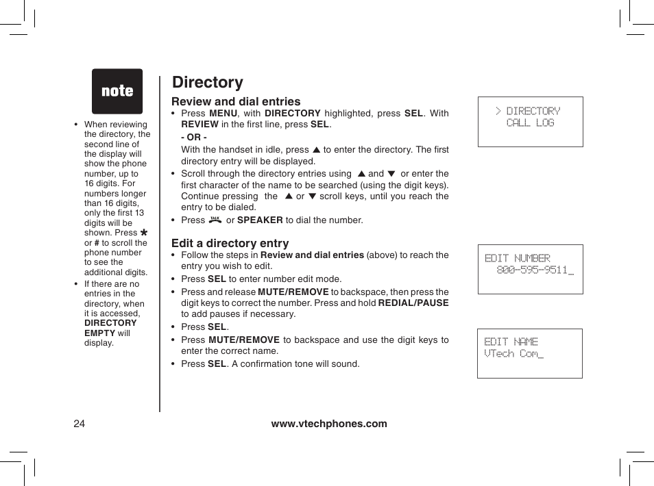 Review and dial entries, Edit a directory entry, Directory | VTech MI6895 User Manual | Page 24 / 63