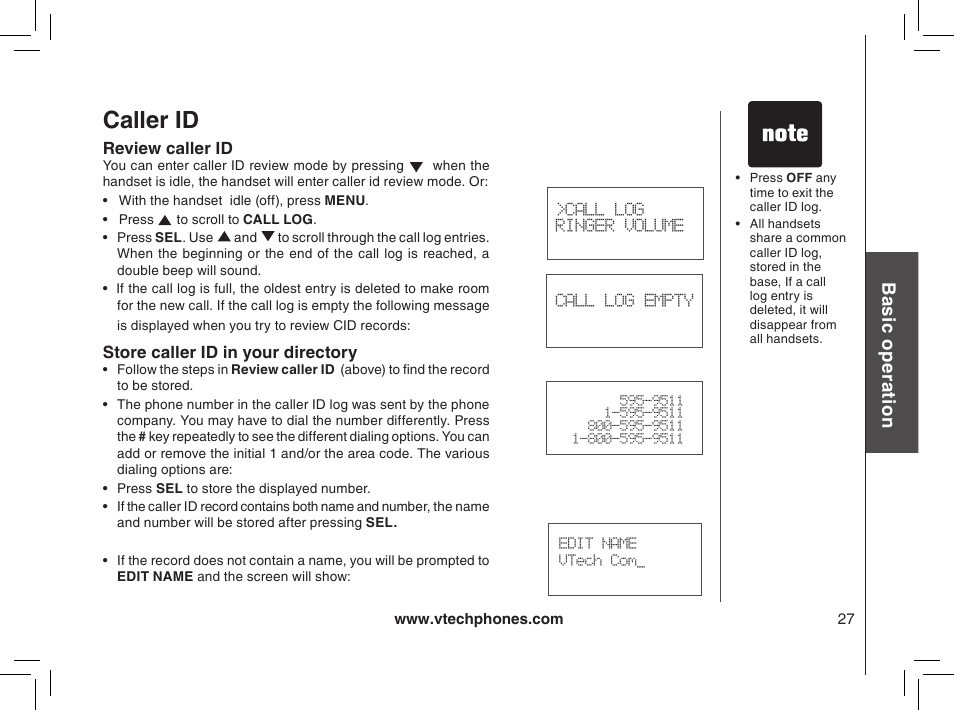 Review caller id, Store caller id in your directory, Caller id | Bas ic o pe ra tio n | VTech MI6895 User Manual | Page 27 / 63