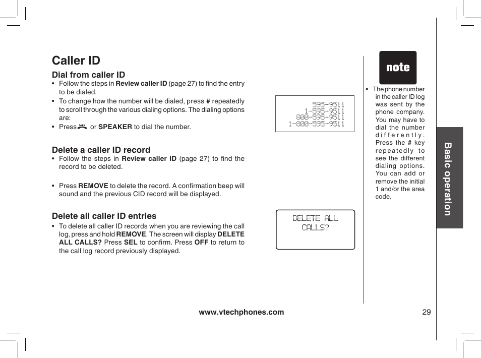 Dial from caller id, Delete a caller id record, Caller id | Bas ic o pe ra tio n | VTech MI6895 User Manual | Page 29 / 63