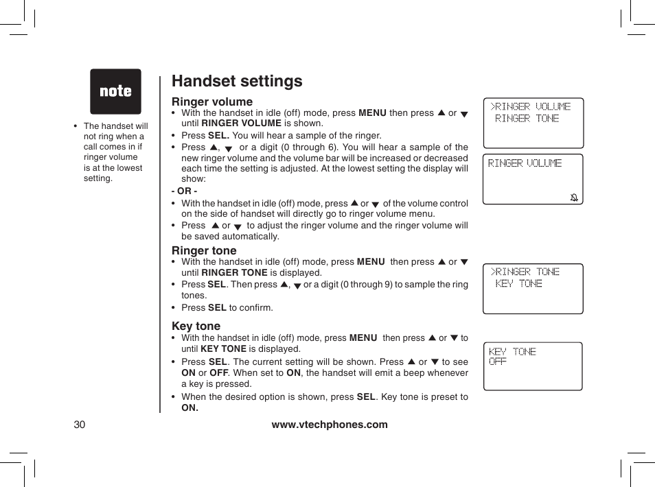 Handset settings, Ringer volume, Ringer tone | Key tone | VTech MI6895 User Manual | Page 30 / 63