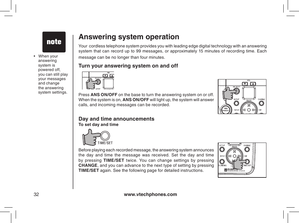 Answering system operation, Turn your answering system on and off, Day and time announcements | VTech MI6895 User Manual | Page 32 / 63