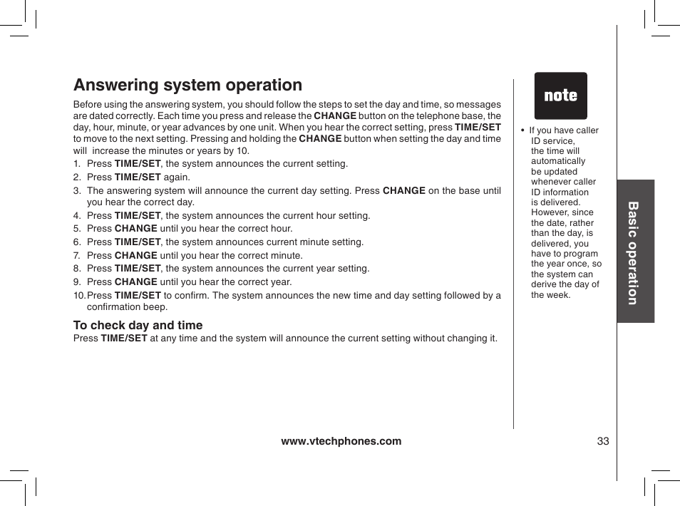To check day and time, Answering system operation, Bas ic o pe ra tio n | VTech MI6895 User Manual | Page 33 / 63