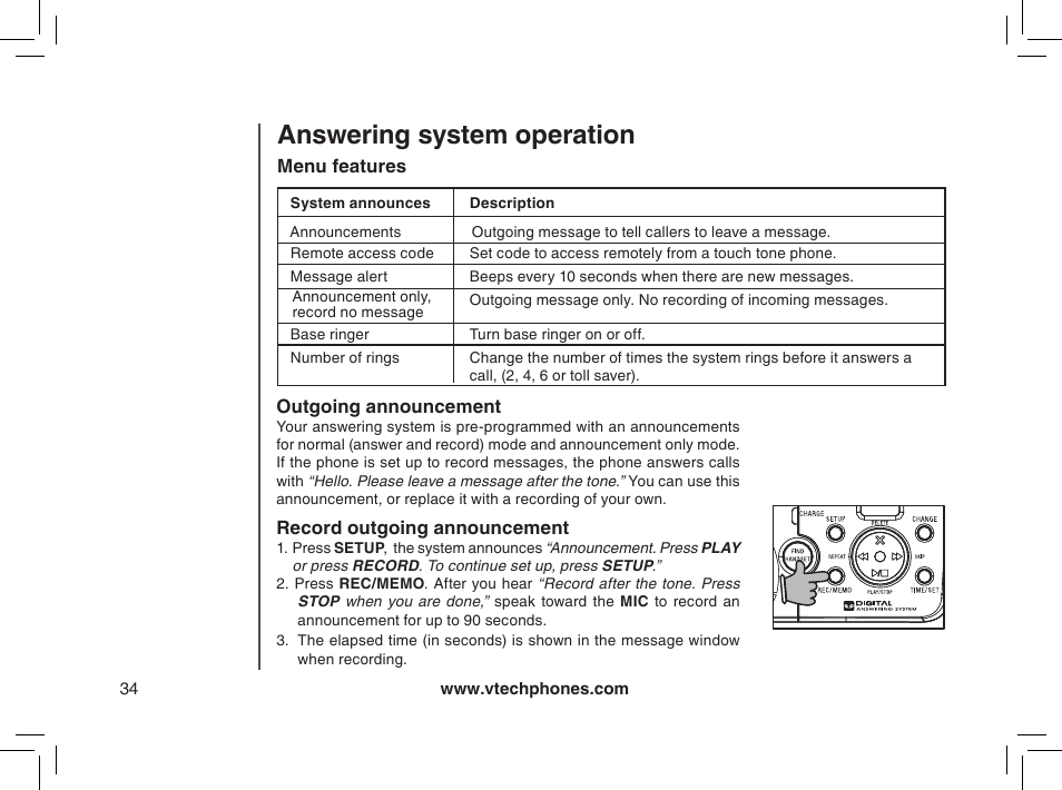Outgoing announcement, Record outgoing announcement, Answering system operation | VTech MI6895 User Manual | Page 34 / 63