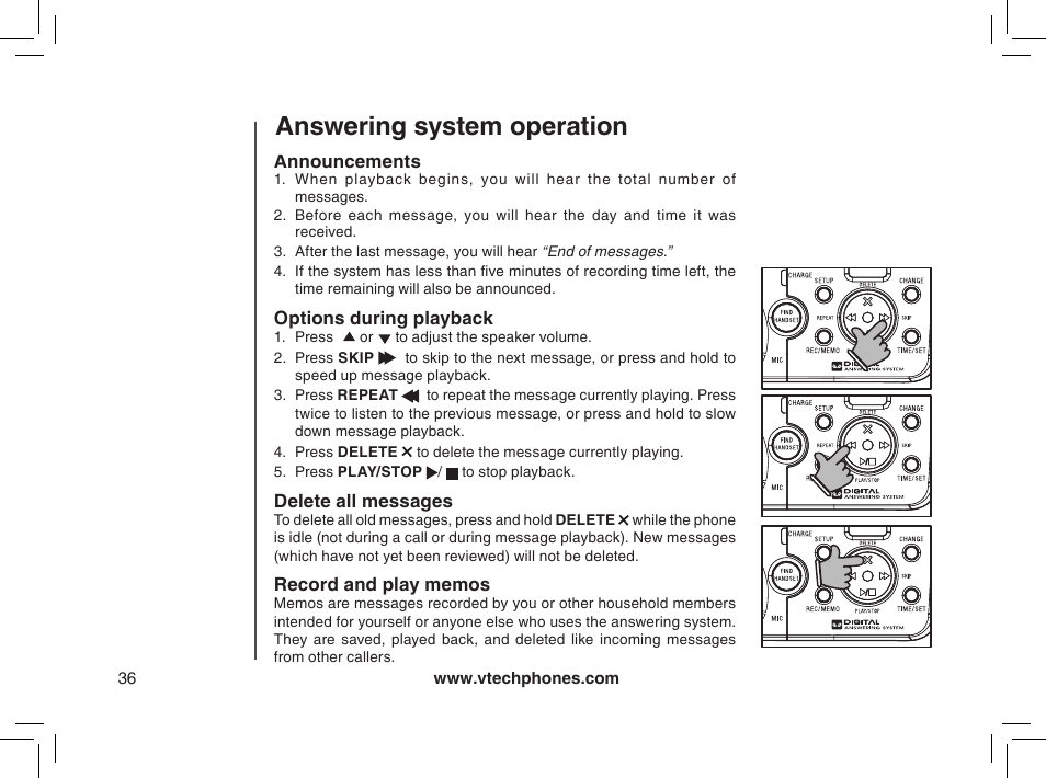 Announcements, Options during playback, Delete all messages | Record and play memos, Answering system operation | VTech MI6895 User Manual | Page 36 / 63