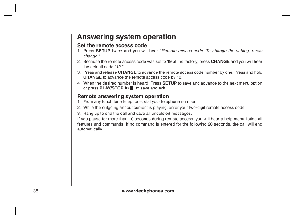 Set the remote access code, Remote answering system operation, Answering system operation | VTech MI6895 User Manual | Page 38 / 63