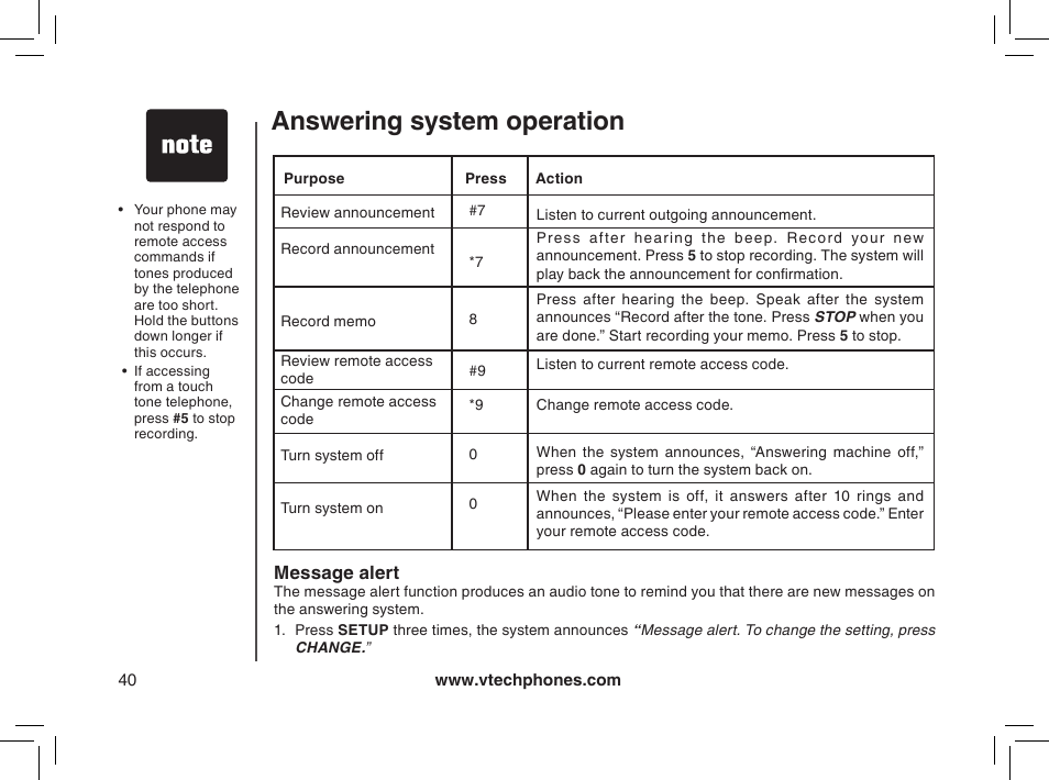 Message alert, Answering system operation | VTech MI6895 User Manual | Page 40 / 63